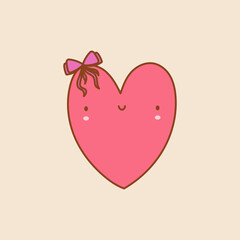 Cute Heart Doodle art. Pink heart with coqquette bow. Vector illustation on a isolated background