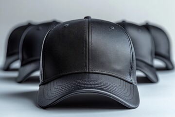 Naklejka premium A row of sleek black baseball caps arranged in a visually appealing manner.