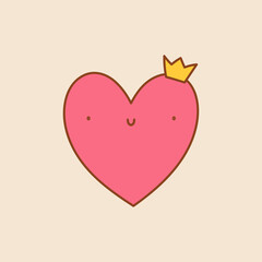 Cute Heart Doodle art. Pink heart with a crown. Vector illustation on a isolated background