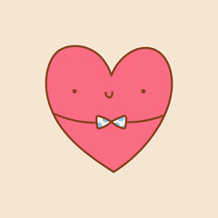 Cute Heart Doodle art. Pink heart with a bow tie. Vector illustation on a isolated background
