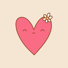 Cute Heart Doodle art. Pink heart with a daisy flower. Vector illustation on a isolated background