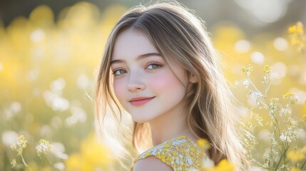 Fototapeta premium A young girl smiles gently, her blonde hair flowing around her as she stands amidst a field of bright yellow flowers.