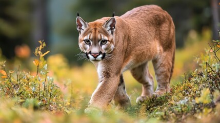 Naklejka premium Majestic Cougar in Autumn Forest - A Powerful Predator in Its Natural Habitat