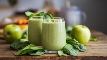 Two refreshing green smoothies made with spinach, apples, and other ingredients, surrounded by fresh spinach leaves and green apples.