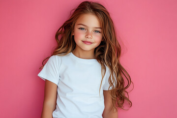 Little 5 years old girl with long wavy dark hair in white t-shirt girl standing in front of pink wall. Kid's mock up.