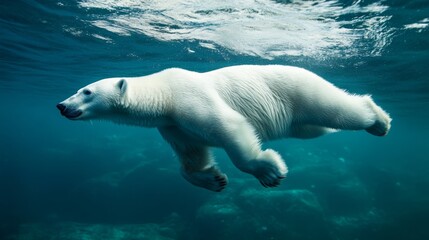 Naklejka premium Majestic Polar Bear Swimming Underwater in the Arctic Ocean. Powerful and Elegant Animal in its Natural Habitat