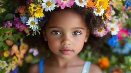 Closeup of 4-year-old girl rounded by variety of blooming flowers