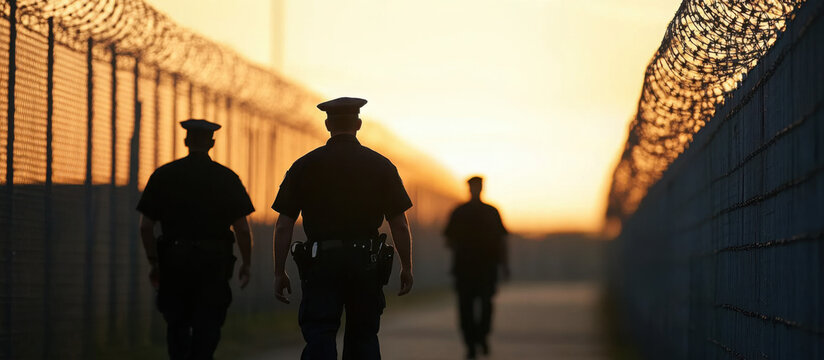 Prison guards walk along a fenced pathway during sunset, showcasing a secured correctional facility. The image highlights the serious atmosphere of security and law enforcement.