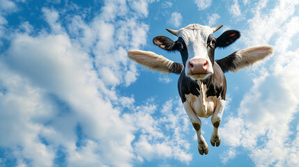 A funny wide-angle shot of a cow against a sky background.