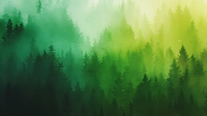 Fototapeta premium A mesmerizing forest scene with layers of green hues, enveloped in a mystical fog that creates a tranquil and serene atmosphere.