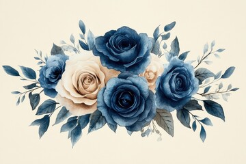 A floral arrangement featuring blue and cream roses with green leaves.