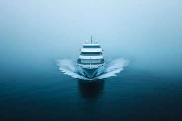 Yacht in dense fog in the middle of the ocean, creating an atmosphere of mystery and silence

