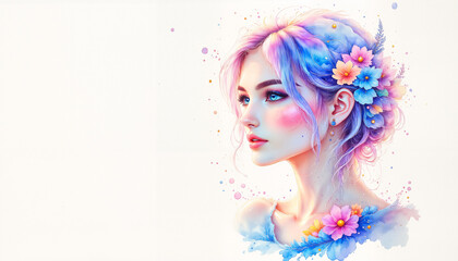 Dreamy watercolor portrait of a woman with flowers, ethereal beauty