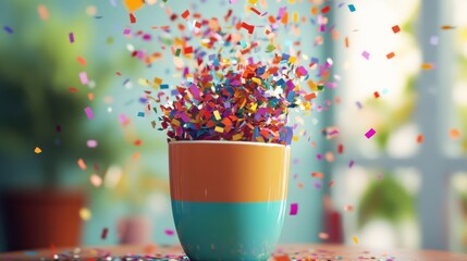 Vibrant confetti bursts from a colorful cup, celebrating party or birthday 