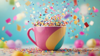 Vibrant confetti bursts from a colorful cup, celebrating party or birthday 