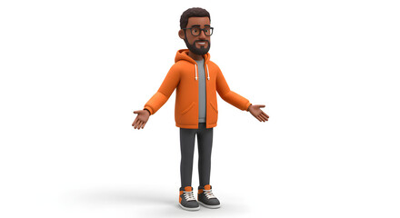 3d man in orange jacket and black pants standing with arms outstretched and hands at side, Adam Manoki, photography, 3d model, portrait