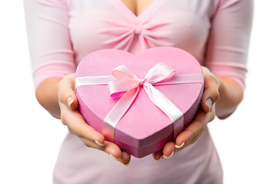 Close up on female hands holding a gift in a pink heart presents for valentine day, birthday, mother's day on isolated white background  - Powered by Adobe