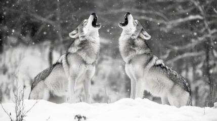 Naklejka premium Majestic Wolves Howling in a Winter Wonderland: A Breathtaking Black and White Landscape Photography