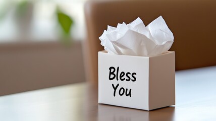 Tissue box with "Bless You" text on table