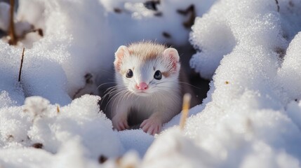 A Tiny Snow Weasel Peeking Through a Winter Wonderland