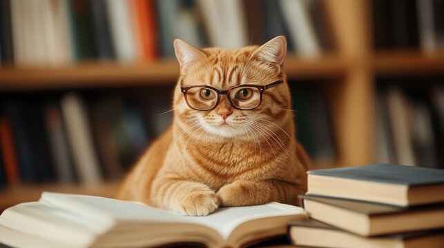 Ginger Cat in Glasses, Deep in a Book-Filled Library, Embraces the Joy of Reading