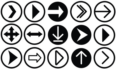 Collection of Black and White Navigation Icons - Arrows and Play Symbols in Circular Frames.