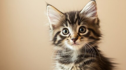 Obraz premium A captivating close-up of a fluffy kitten, showcasing its adorable features and innocent gaze. A perfect image for pet lovers and animal enthusiasts