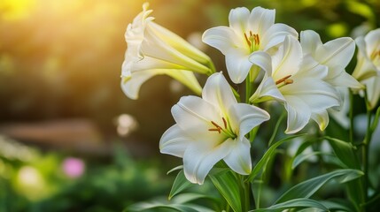 Fototapeta premium Stunning White Lilies in a Garden Setting - Breathtaking Floral Display