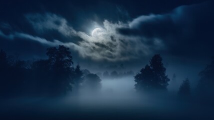 Fototapeta premium A mystical night scene featuring a full moon veiled by clouds, casting a soft glow over a foggy landscape filled with silhouetted trees.