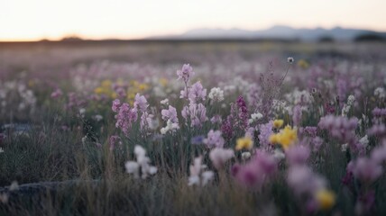 Obraz premium A soft-focus view of a vibrant field filled with blooming wildflowers in various colors, creating a serene and tranquil atmosphere during sunset.