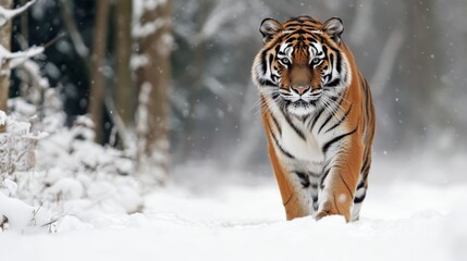 Obraz premium Majestic Tiger Strolling Through a Snowy Forest: A Powerful Winter Scene