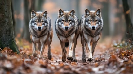 Obraz premium Three Majestic Wolves Prowl Through Autumn Forest Path. A Powerful Image of Wild Nature's Beauty and Strength.