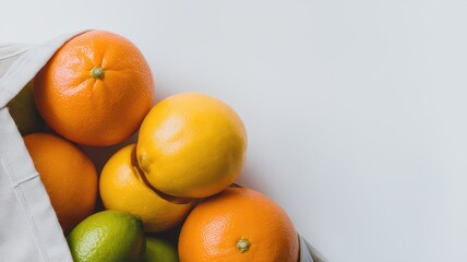 Fresh citrus fruits in a reusable bag, featuring vibrant oranges and lemons, symbolizing health and freshness.
