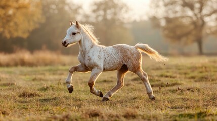 Adorable Spotted Foal Running Free in a Golden Meadow