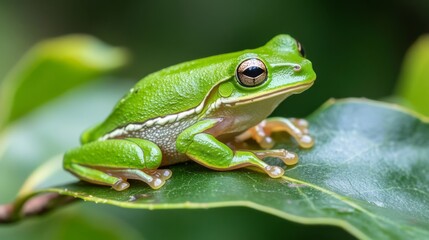 Naklejka premium Vibrant Green Frog Perched Exquisitely on a Lush Forest Leaf; A Close-up Macro Photography of a Tiny Amphibian in its Natural Habitat