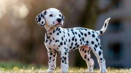 Playful Dalmatian puppy standing on grass, sunlight filtering through trees in the background