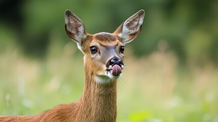 Fototapeta premium Close-up of a Curious Deer with a Playful Expression in a Lush Green Forest