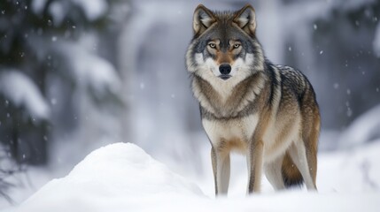 Naklejka premium Majestic Wolf in a Winter Wonderland: Powerful Predator in a Snowy Forest