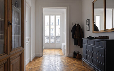 Minimalist Interior Hallway with Wooden Flooring and Modern Furniture, Showcasing Elegant Home Decor and Natural Lighting