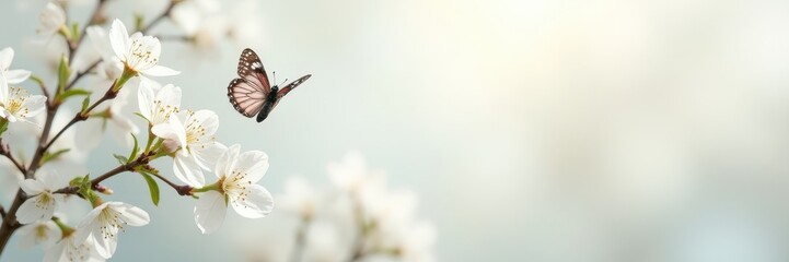 White blossoms and butterflies in a pristine white setting, soft lighting , floral design, wildlife