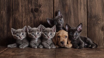 Obraz premium Five kittens and puppy pose wood background pet adoption