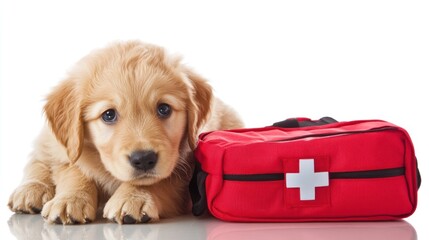 A golden retriever puppy resting beside a red first aid kit, symbolizing pet care and safety