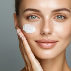 Woman applying moisturizer to her face with a gentle smile in a soft-lit indoor environment while showcasing a natural skincare routine