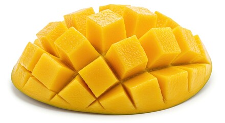 Artistically Cut Mango Close-up of Mango Flower, Creative Fruit Presentation, Ripe and Fresh, Yellow-Orange Flesh, White Background, Food Art and Design, Culinary Garnishing.