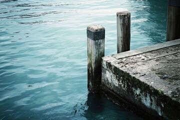 Fototapeta premium This serene image features a rustic dock extending over calm water, set against a subtle background, evoking tranquility and the beauty of quiet moments in nature as dusk approaches.