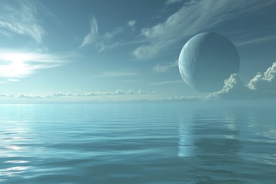 A surreal landscape features a celestial planet hovering over a serene ocean, creating an ethereal scene that invites viewers to explore themes of dream and infinity.