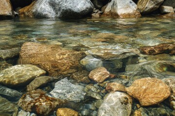 Fototapeta premium An artistic view of smooth stones submerged in crystal clear water, reflecting sunlight, conveying a sense of calmness and natural beauty.