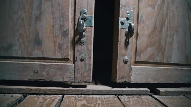 old wooden door opens and closes in the wind, revealing a dark room. Creepy doorway seen from below