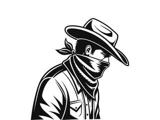 Strong Vector silhouette of a cowboy with a bandana covering his face portrait, isolated in white. Ideal for Western-themed designs, logos, and digital artwork.