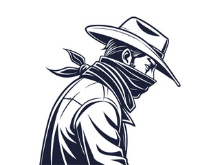 Strong Vector silhouette of a cowboy with a bandana covering his face portrait, isolated in white. Ideal for Western-themed designs, logos, and digital artwork.